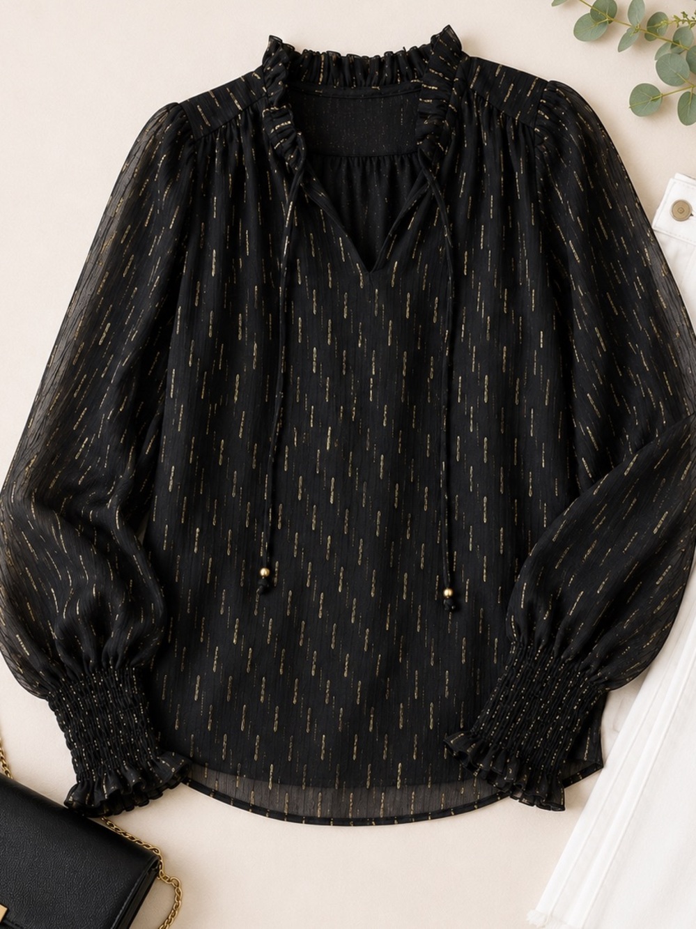 Anthropologie Maison d’Amélie Black Gold Metallic Sheer Blouse Smocked Ruffle M